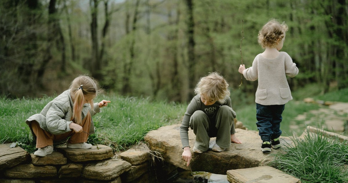 Three children playing by a stone-lined stream in a lush green forest during springtime.