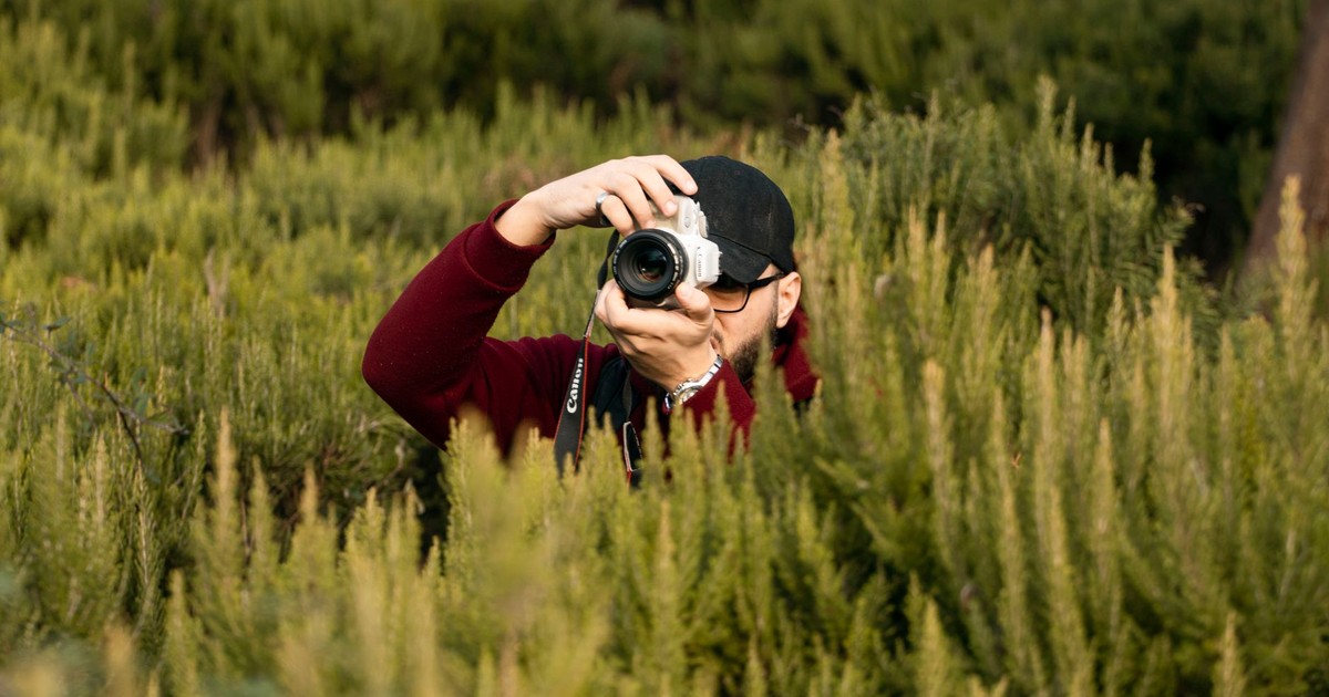 A man with a camera hidden amidst lush shrubs in Collo, Skikda Province.