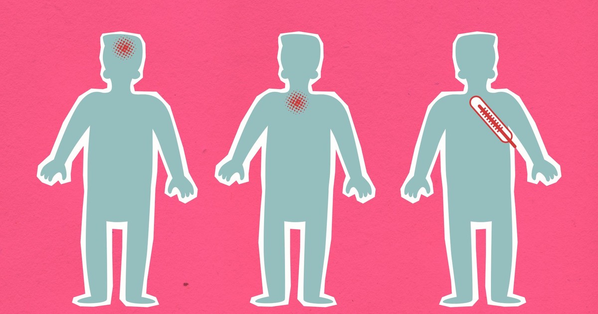 Cardboard illustration of human figures with viruses causing aches and thermometer indicating fever during COVID 19 pandemic on pink background