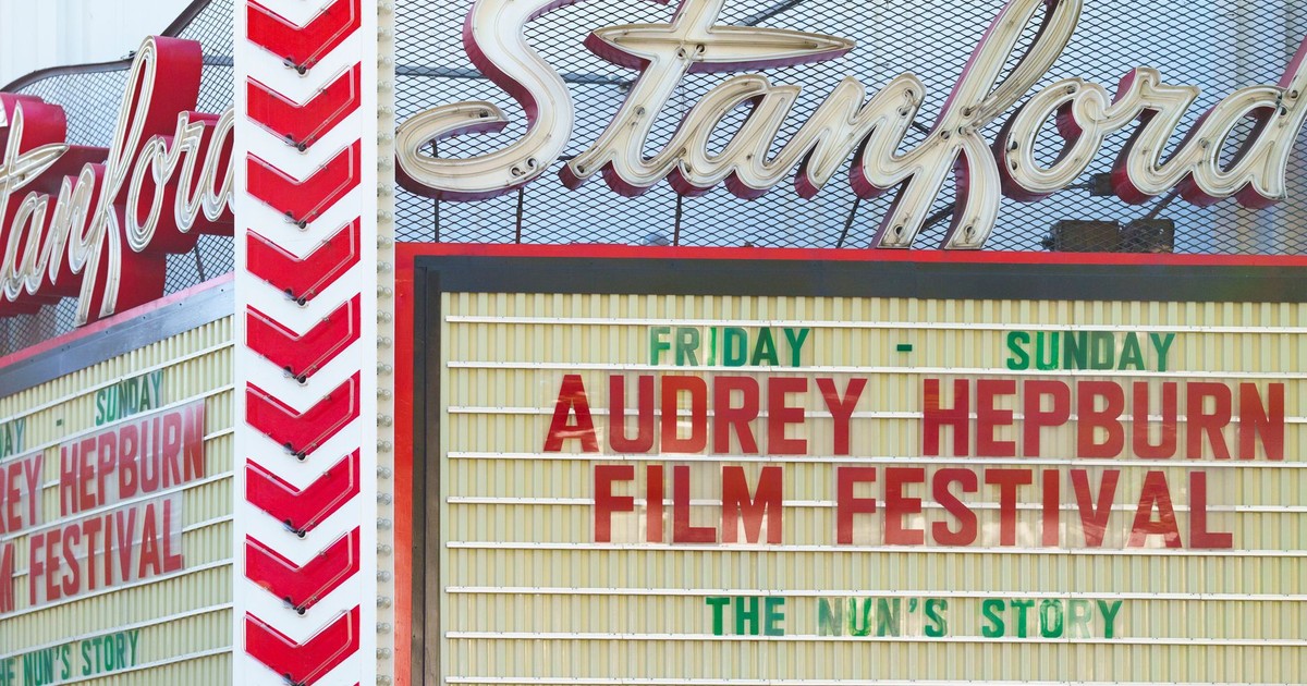 Stanford Theatre sign promoting Audrey Hepburn Film Festival in Palo Alto, California.