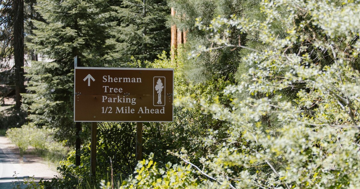 Sign indicating Sherman Tree parking is half a mile ahead in Sequoia National Park.